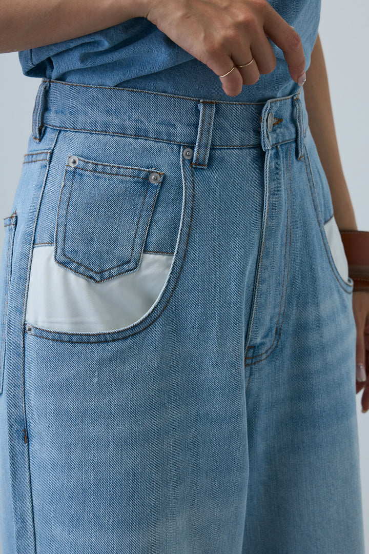 [予約/SET]Vネックバックリボンデニムトップス+デニムルーズポケットパンツ(2set)