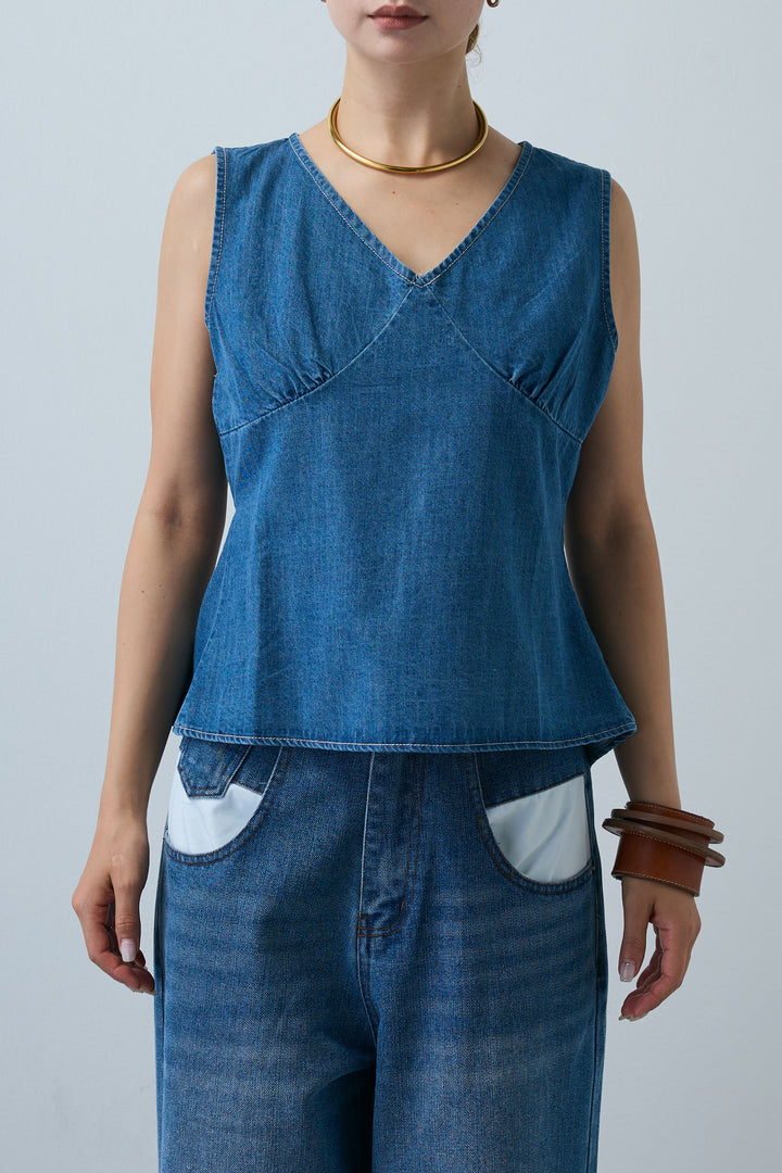 [予約]Vネックバックリボンデニムトップス