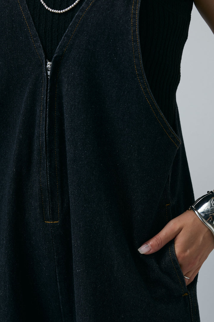 [予約]デニムフロントジップVネックサロペット