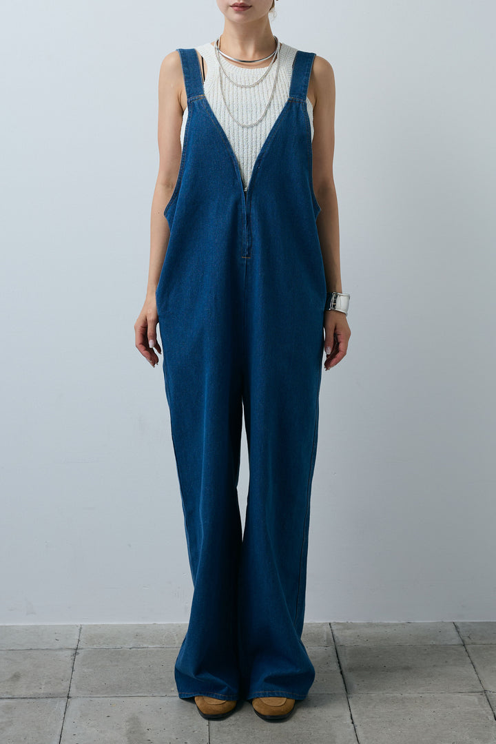 [予約]デニムフロントジップVネックサロペット