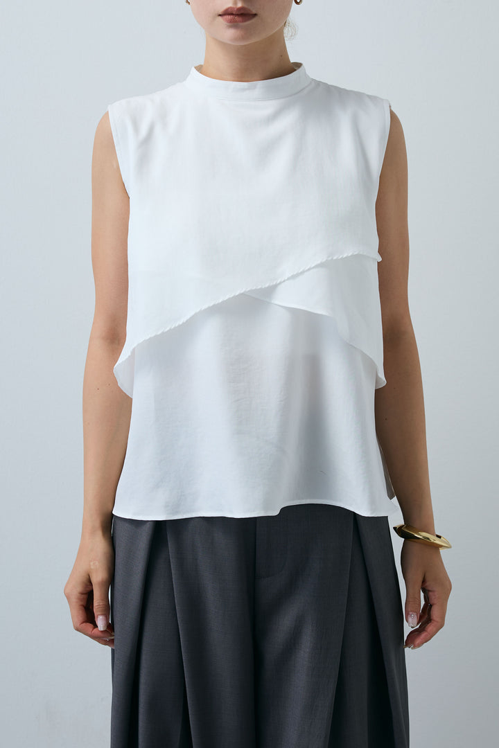 [予約/SET]アシンメトリーフレアーノースリーブブラウス+フェイクレザーベルトセンタータックパンツ(2set)