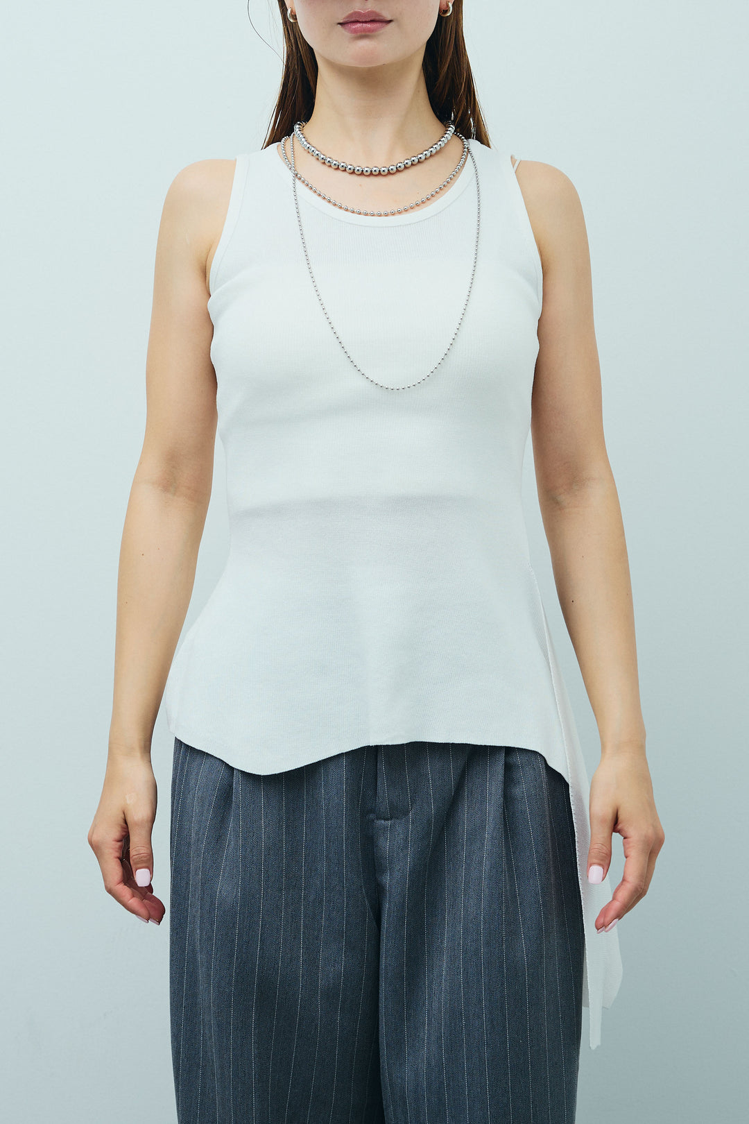 [予約/SET]サイドリボンニットタンク+ピンストライプサイドラインワイドパンツ(2set)