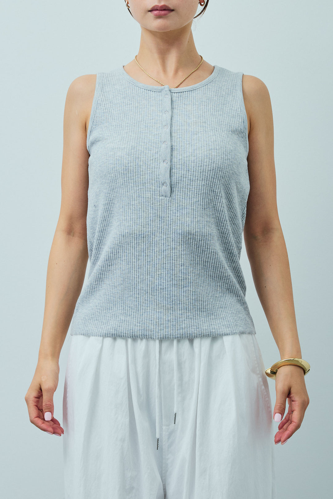 [予約/SET]アシンメトリーキャミソール+セルフカットリブヘンリーネックノースリーブトップス+サマーツイードリラックスパンツ(3set)