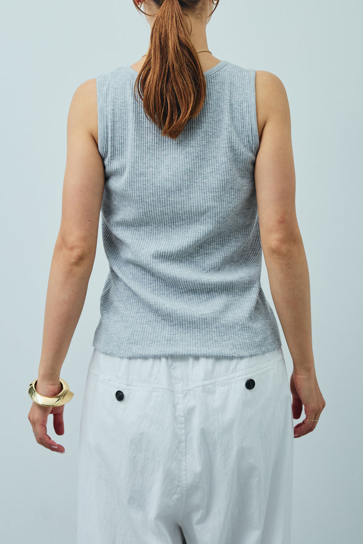 [予約]セルフカットリブヘンリーネックノースリーブトップス