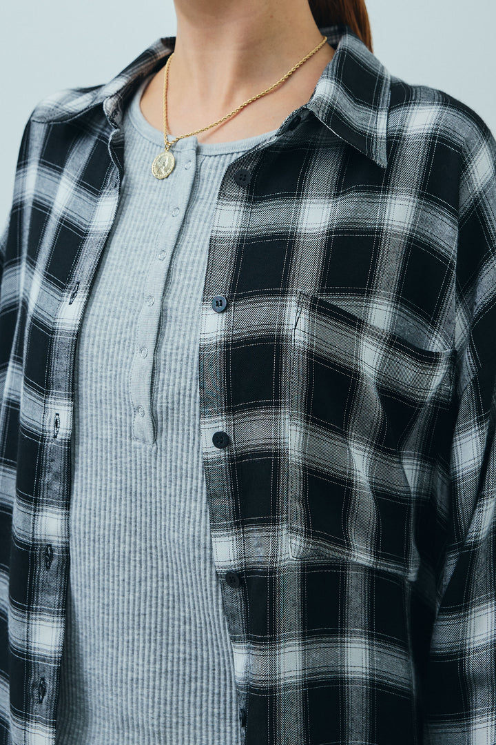 [予約/SET]セルフカットリブヘンリーネックノースリーブトップス+オンブレチェックオーバーとろみシャツ(2set)