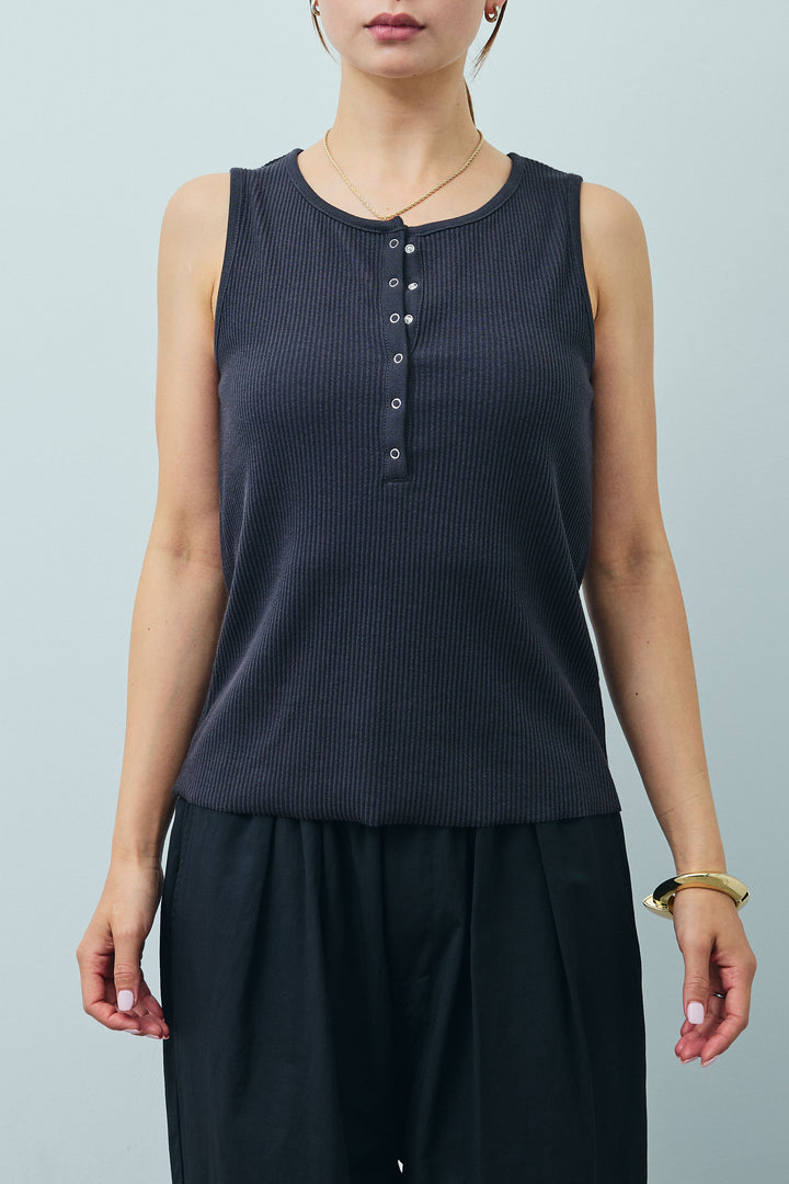 [予約]セルフカットリブヘンリーネックノースリーブトップス