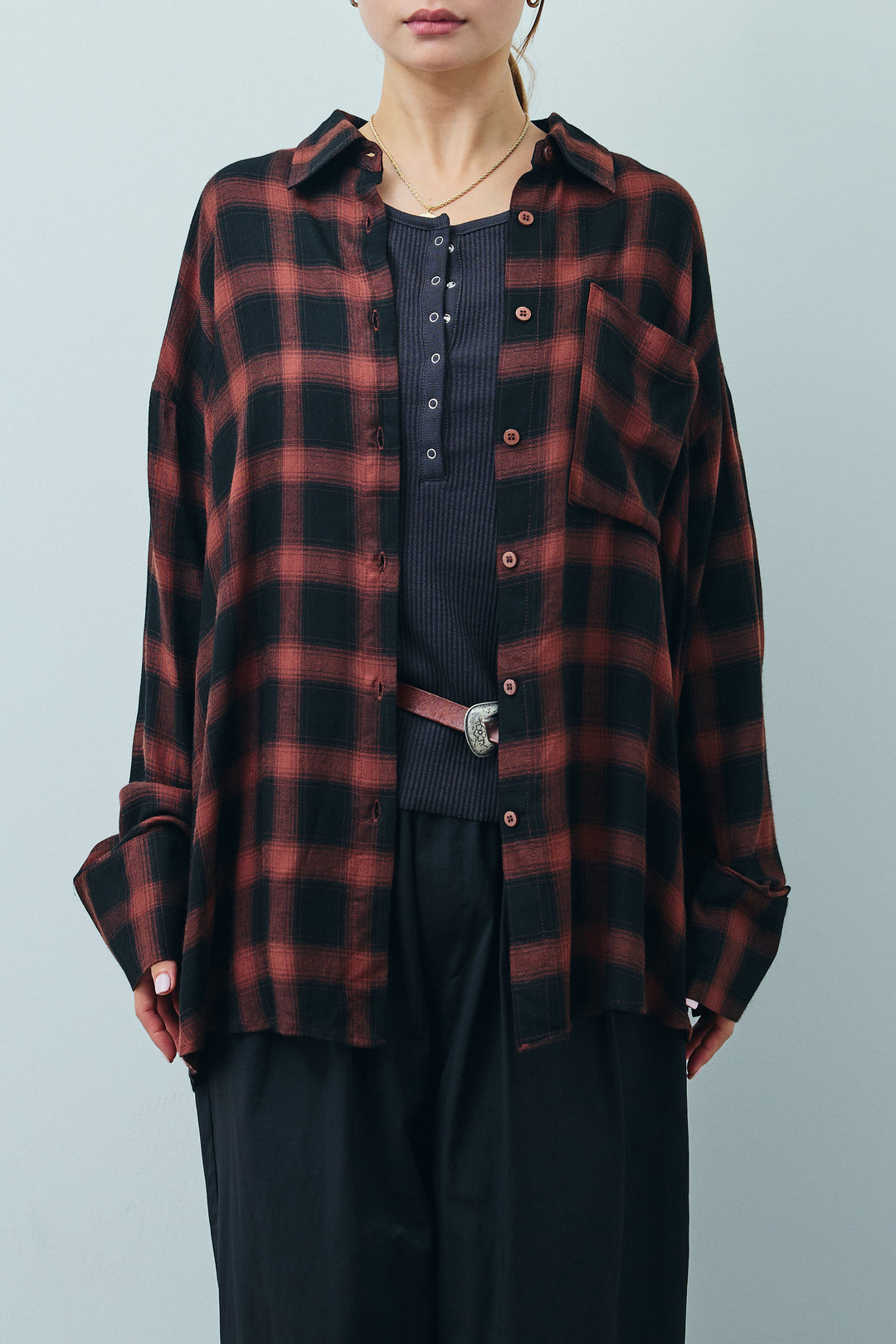 [予約]オンブレチェックオーバーとろみシャツ