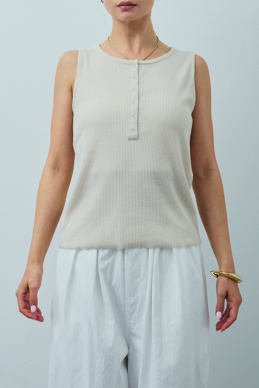 [予約]セルフカットリブヘンリーネックノースリーブトップス