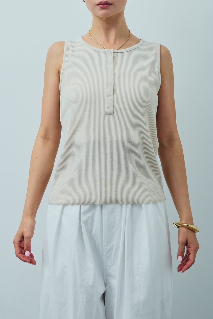 [予約]セルフカットリブヘンリーネックノースリーブトップス