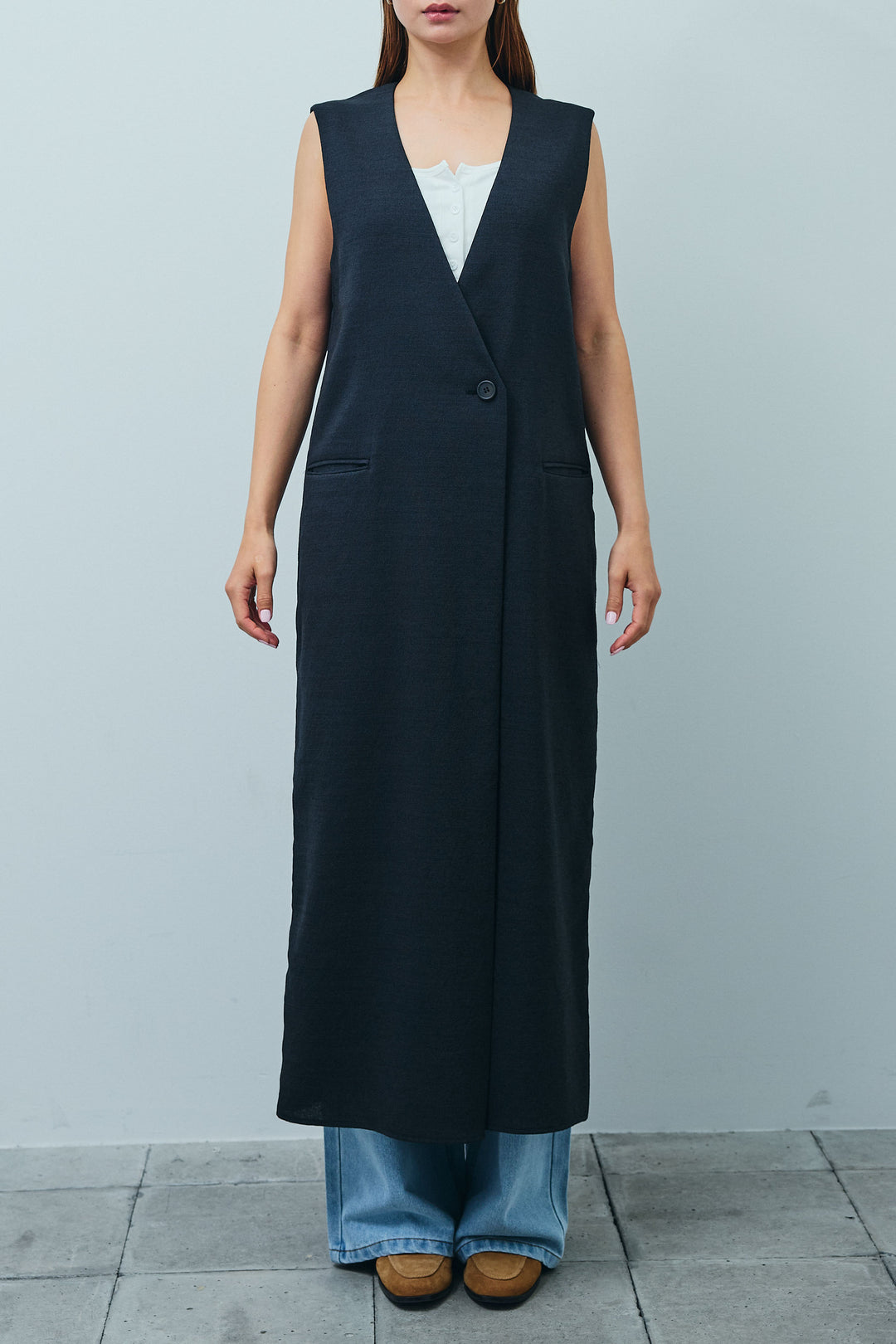 [予約/SET]リネンタッチVネックロングOP+デニムルーズポケットパンツ(2set)