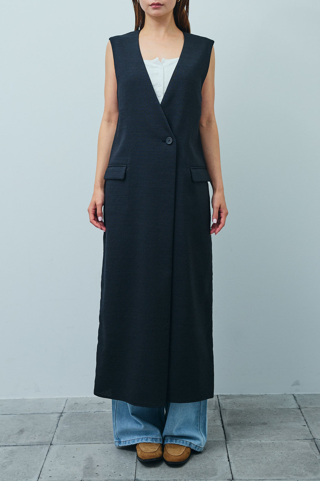 [予約/SET]リネンタッチVネックロングOP+デニムルーズポケットパンツ(2set)