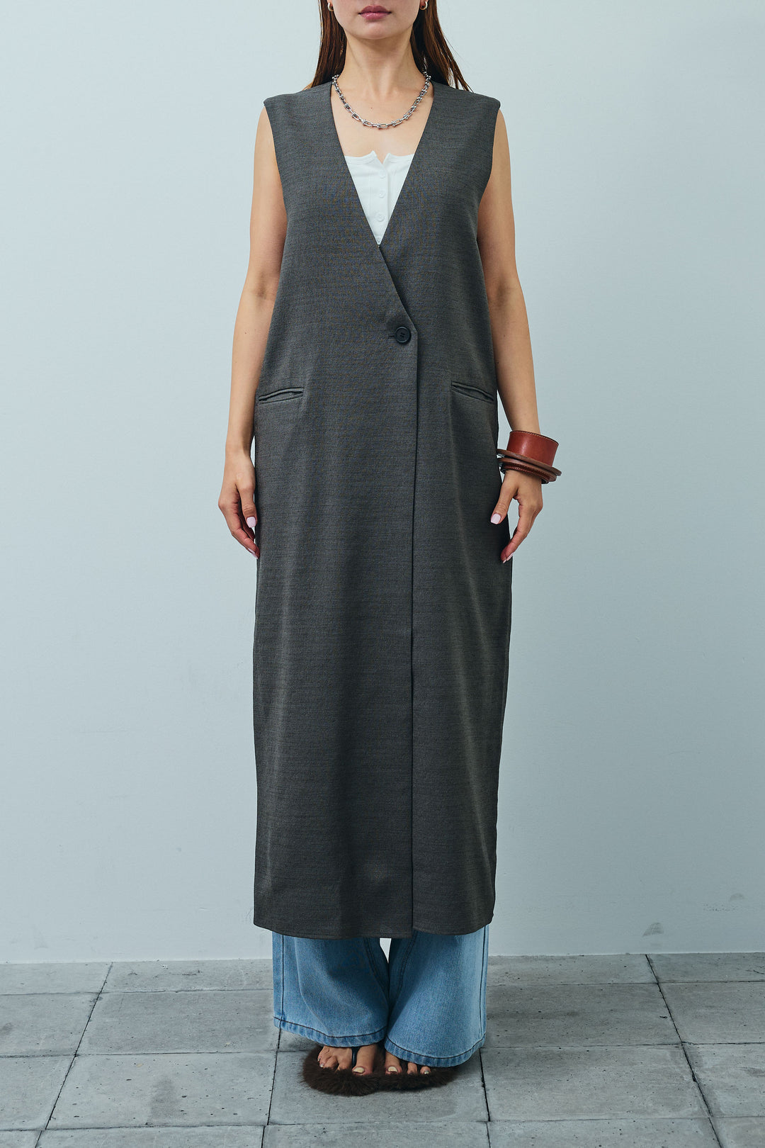 [予約]リネンタッチVネックロングOP