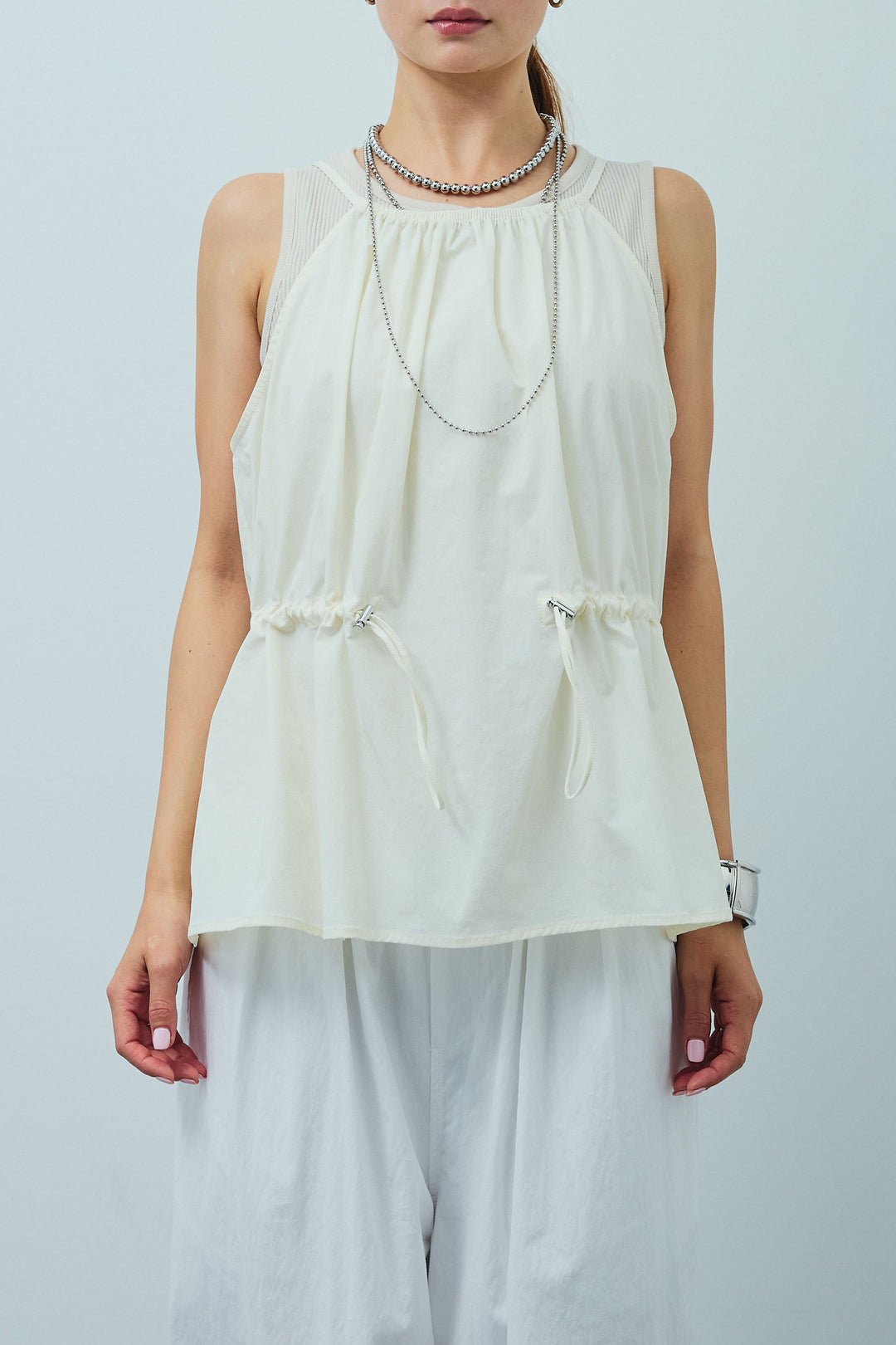 [予約/SET]ドロストギャザーキャミ+セルフカットリブヘンリーネックノースリーブトップス+裾ドロストナイロンパンツ(3set)