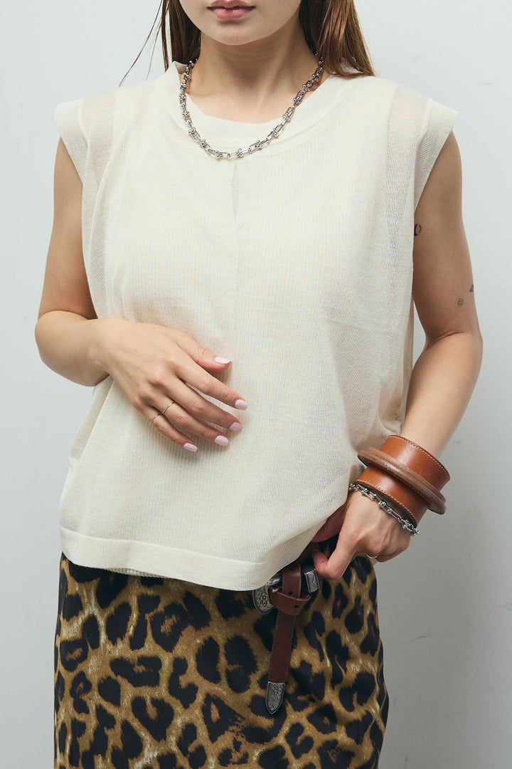 [予約/SET]リネン混ギャザーシアーニット+セルフカットリブヘンリーネックノースリーブトップス+レオパードナロースカート(3set)