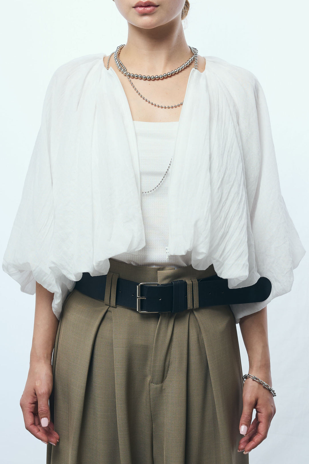 [予約/SET]ガーゼバルーンショートブルゾン+太ベルト付きワイドパンツ(2set)