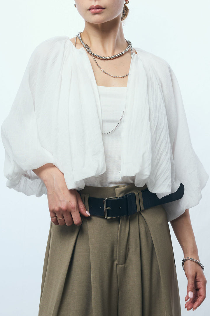 [予約/SET]ガーゼバルーンショートブルゾン+太ベルト付きワイドパンツ(2set)