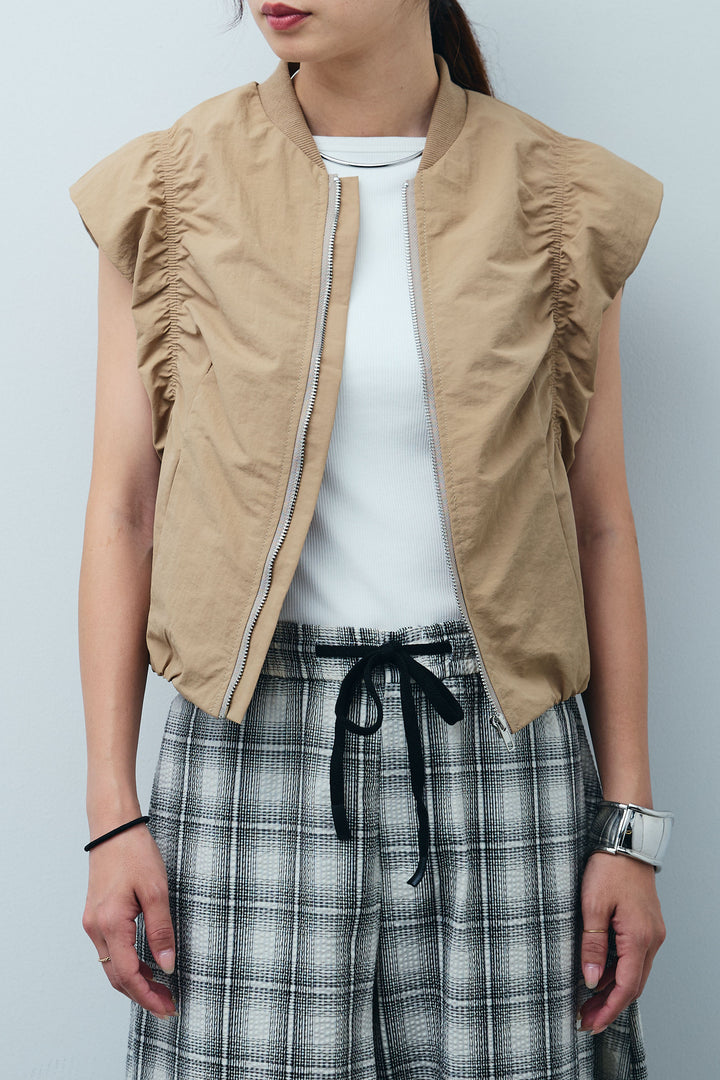 [予約/SET]ノースリギャザーブルゾン+チェックバレルレッグワイドパンツ(2set)