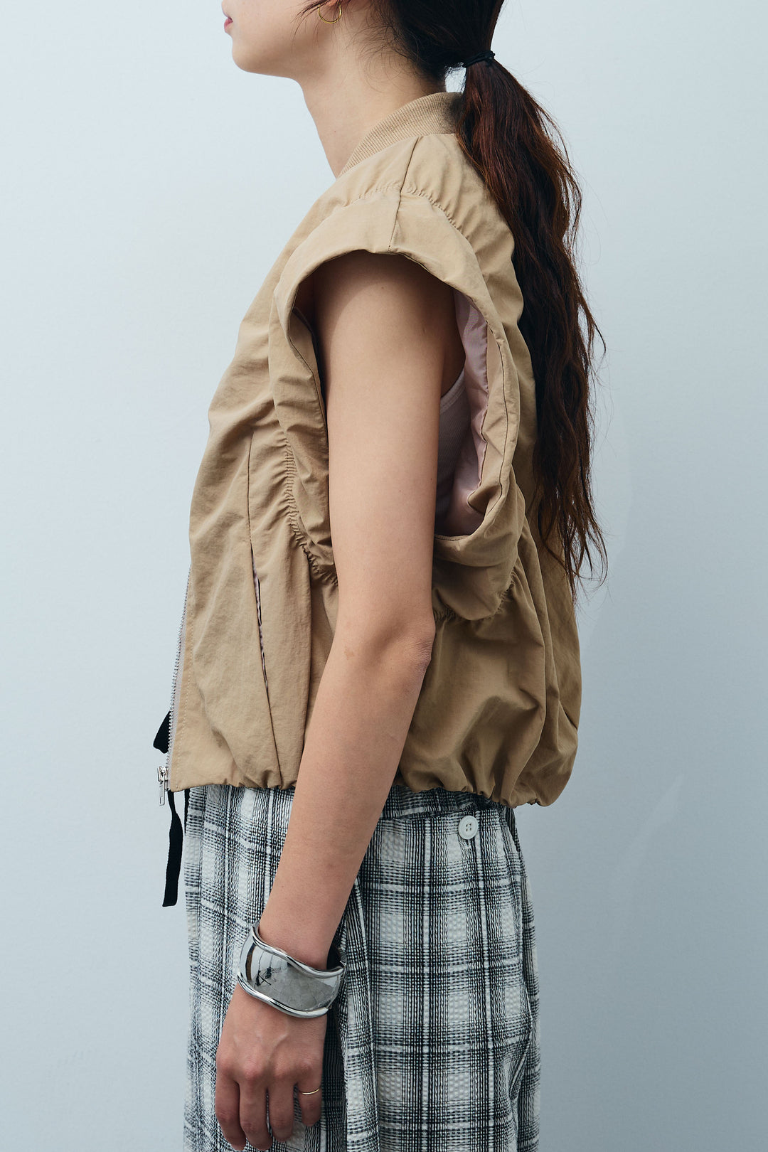 [予約/SET]ノースリギャザーブルゾン+チェックバレルレッグワイドパンツ(2set)