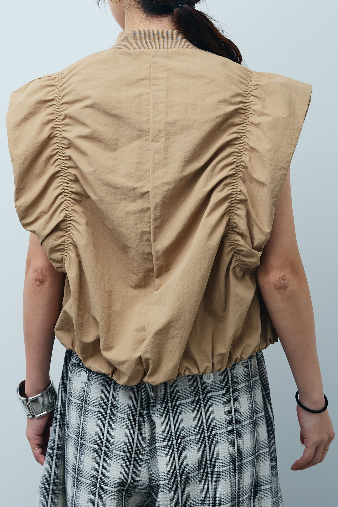 [予約/SET]ノースリギャザーブルゾン+チェックバレルレッグワイドパンツ(2set)