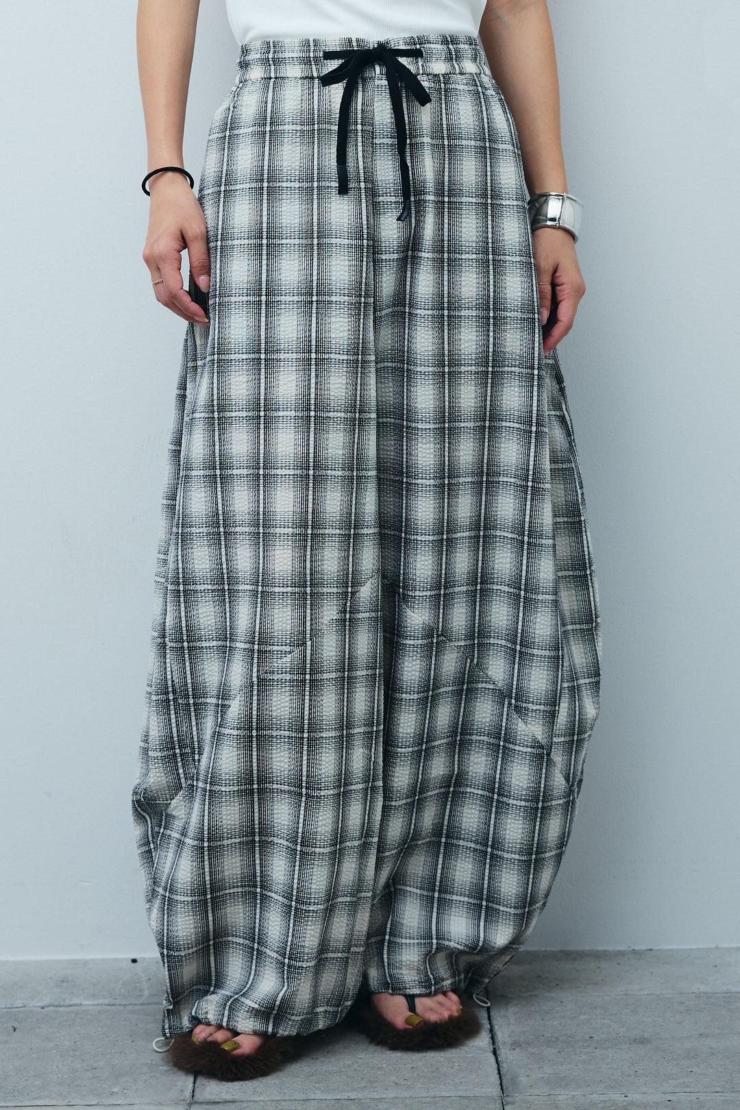 [予約/SET]ノースリギャザーブルゾン+チェックバレルレッグワイドパンツ(2set)