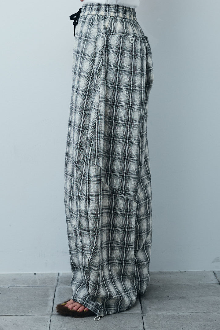 [予約/SET]ノースリギャザーブルゾン+チェックバレルレッグワイドパンツ(2set)