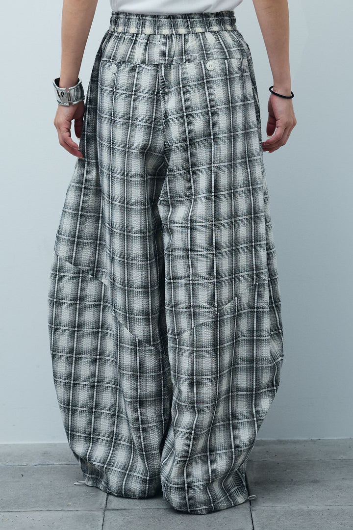 [予約/SET]ノースリギャザーブルゾン+チェックバレルレッグワイドパンツ(2set)