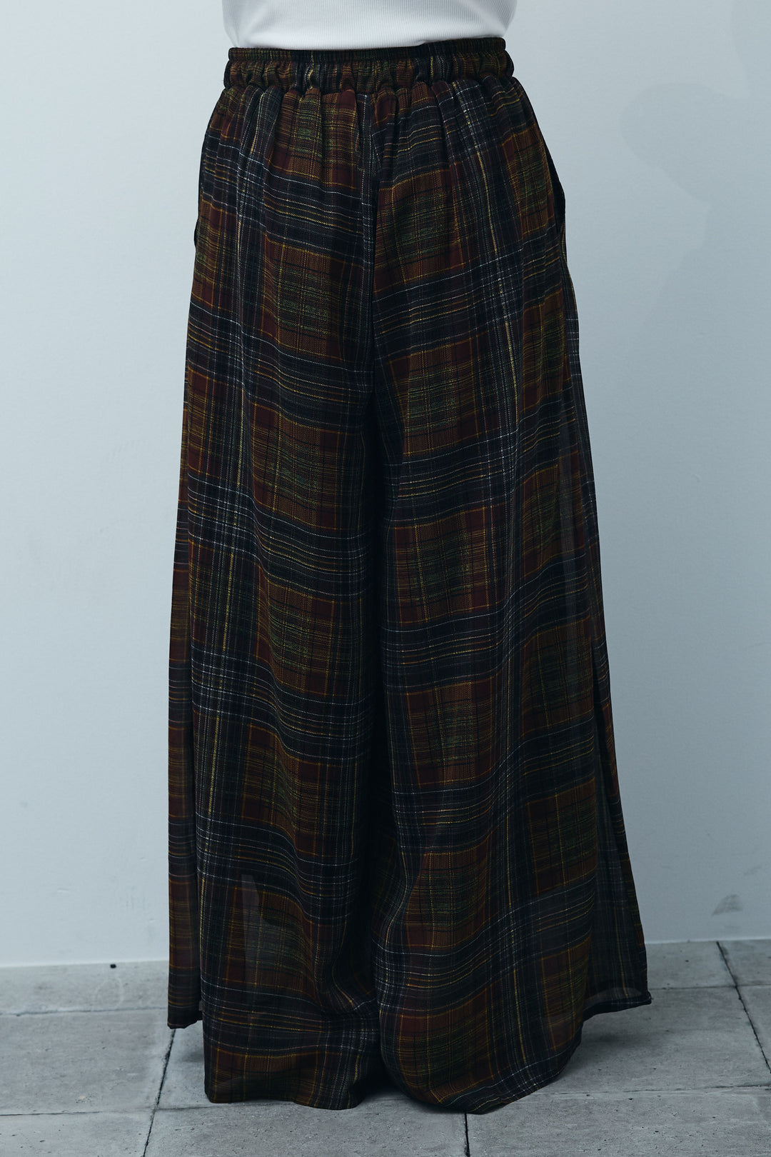 [予約/SET]リネン混ノースリジャケット+シアーチェックスーパーワイドパンツ(2set)