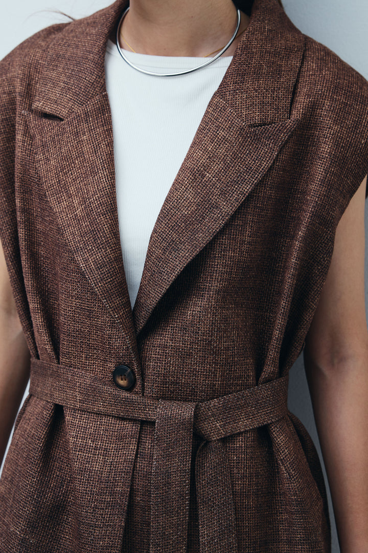 [予約/SET]リネン混ノースリジャケット+シアーチェックスーパーワイドパンツ(2set)