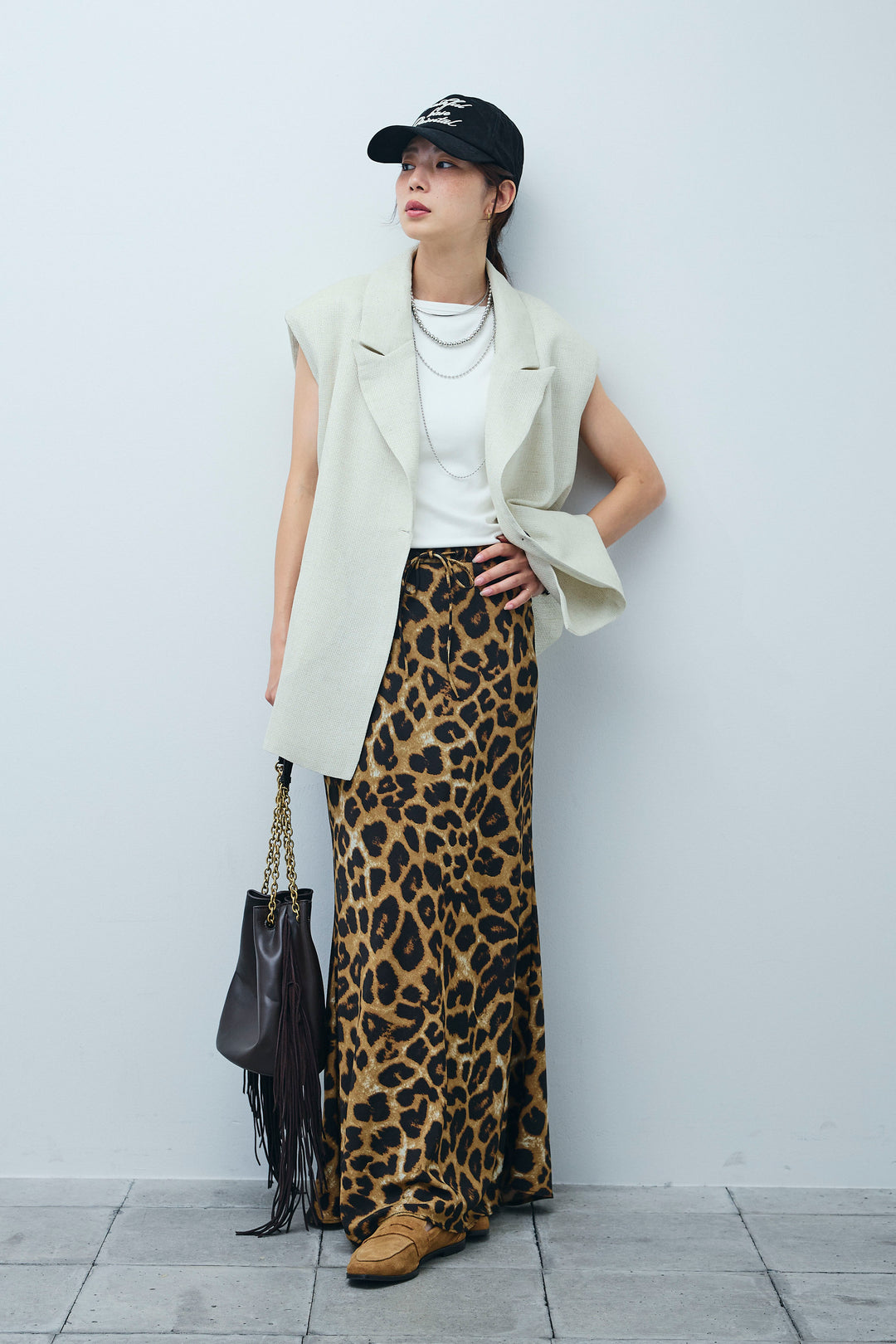 [予約/SET]リネン混ノースリジャケット+レオパードナロースカート(2set)