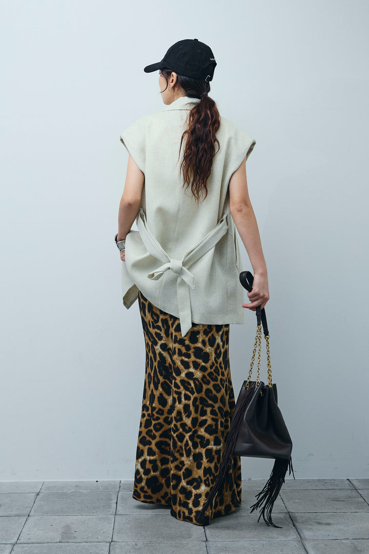 [予約/SET]リネン混ノースリジャケット+レオパードナロースカート(2set)