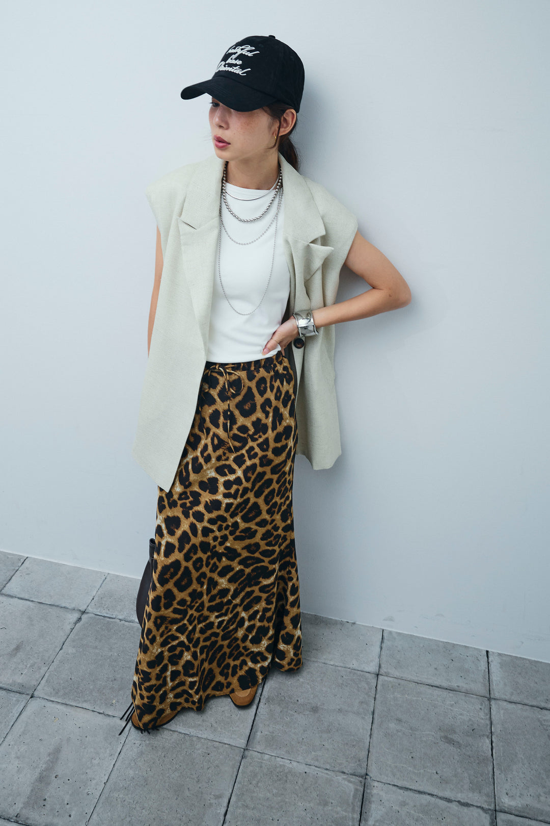 [予約/SET]リネン混ノースリジャケット+レオパードナロースカート(2set)