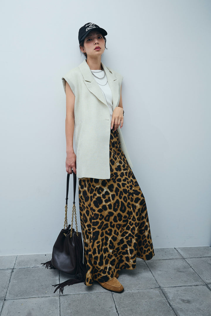 [予約/SET]リネン混ノースリジャケット+レオパードナロースカート(2set)