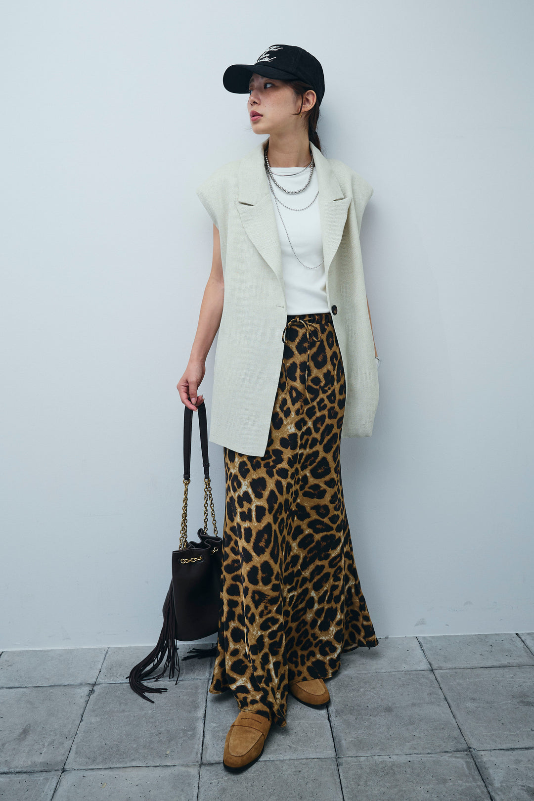 [予約/SET]リネン混ノースリジャケット+レオパードナロースカート(2set)