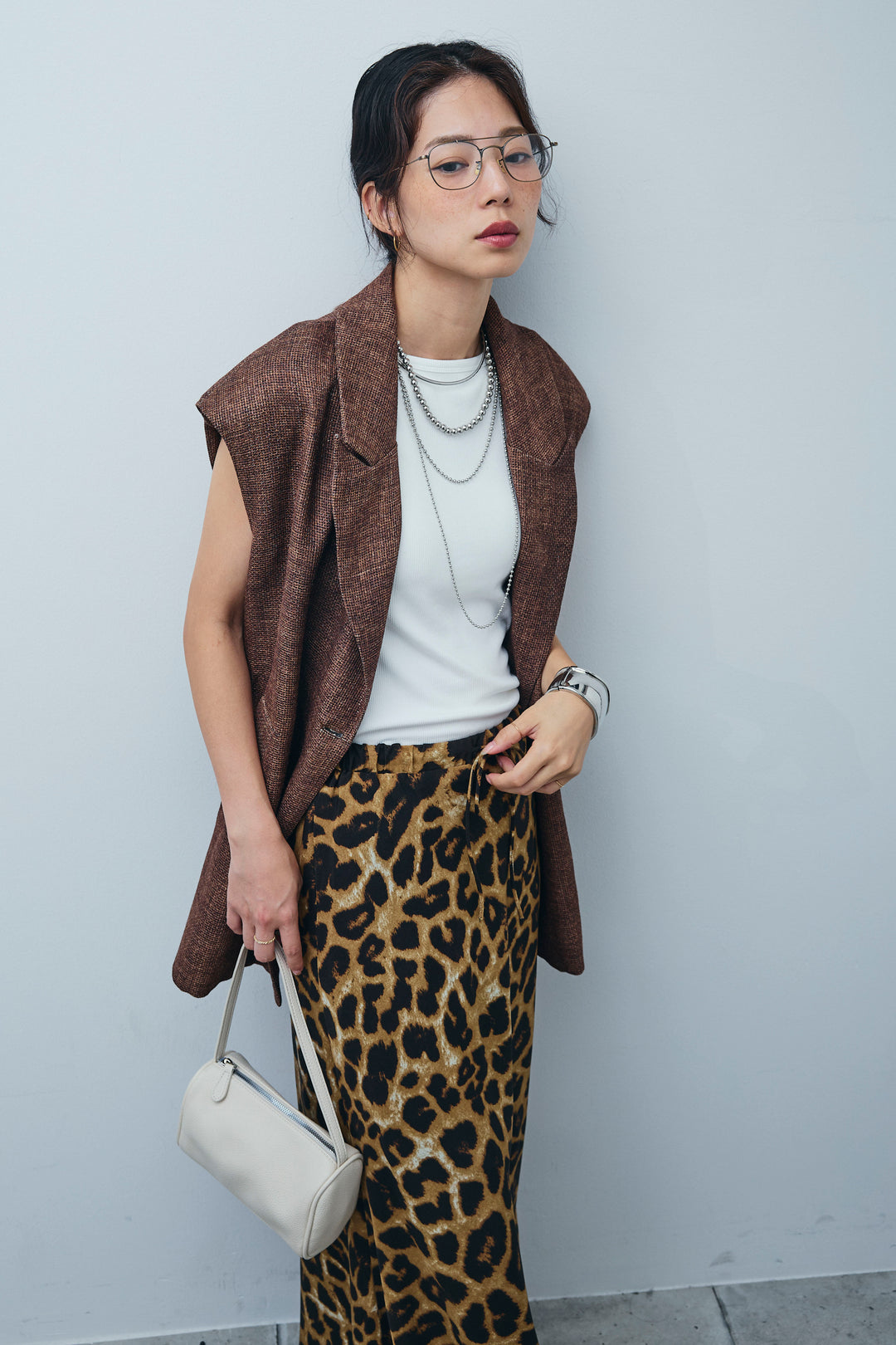 [予約/SET]リネン混ノースリジャケット+レオパードナロースカート(2set)