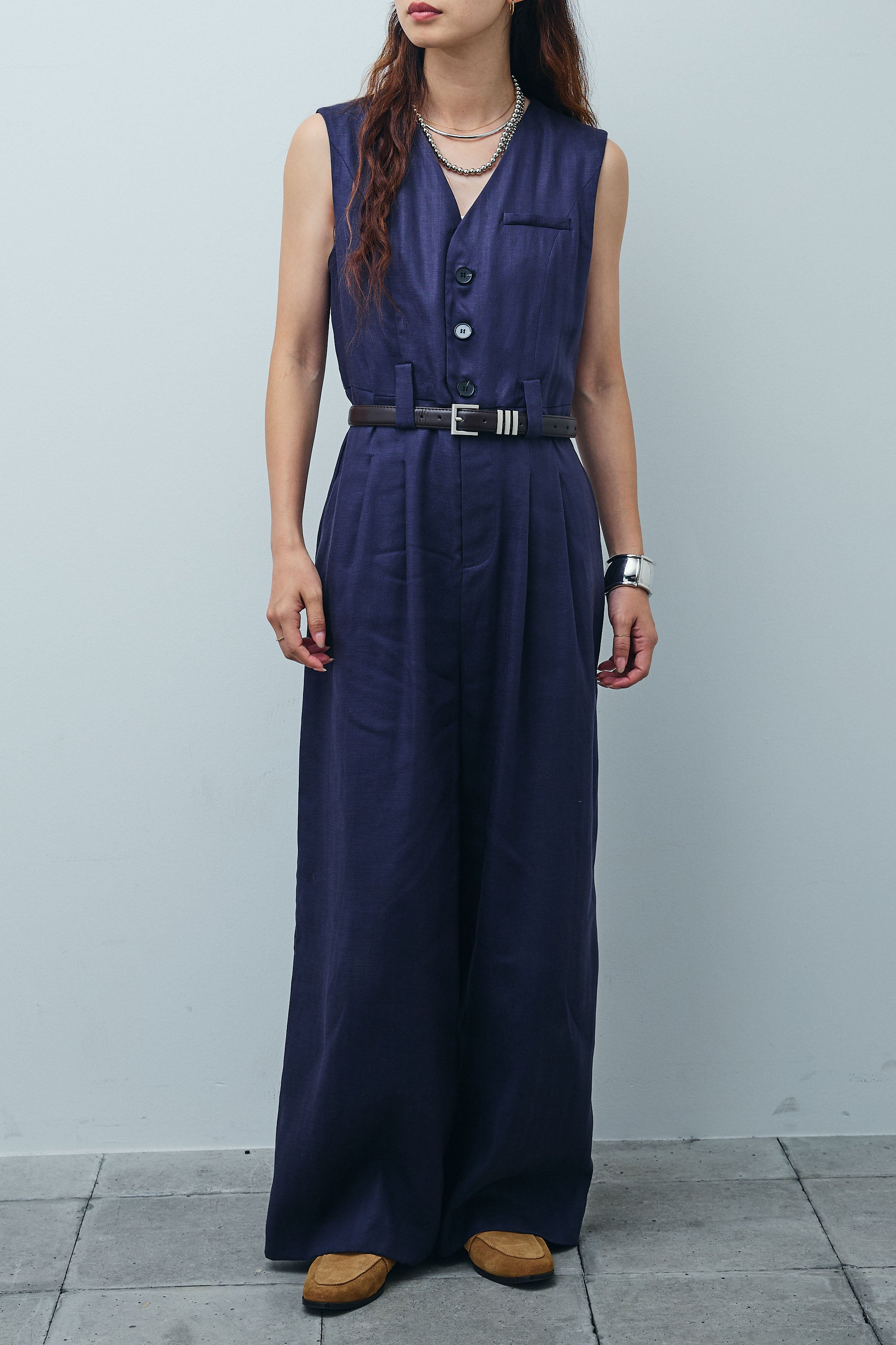 予約]リネン混ベルト付きVネックオールインワン – IAMALPHA