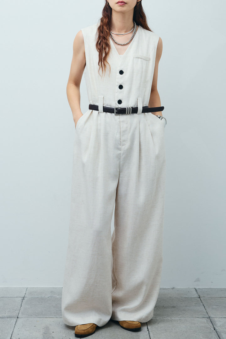 [予約]リネン混ベルト付きVネックオールインワン