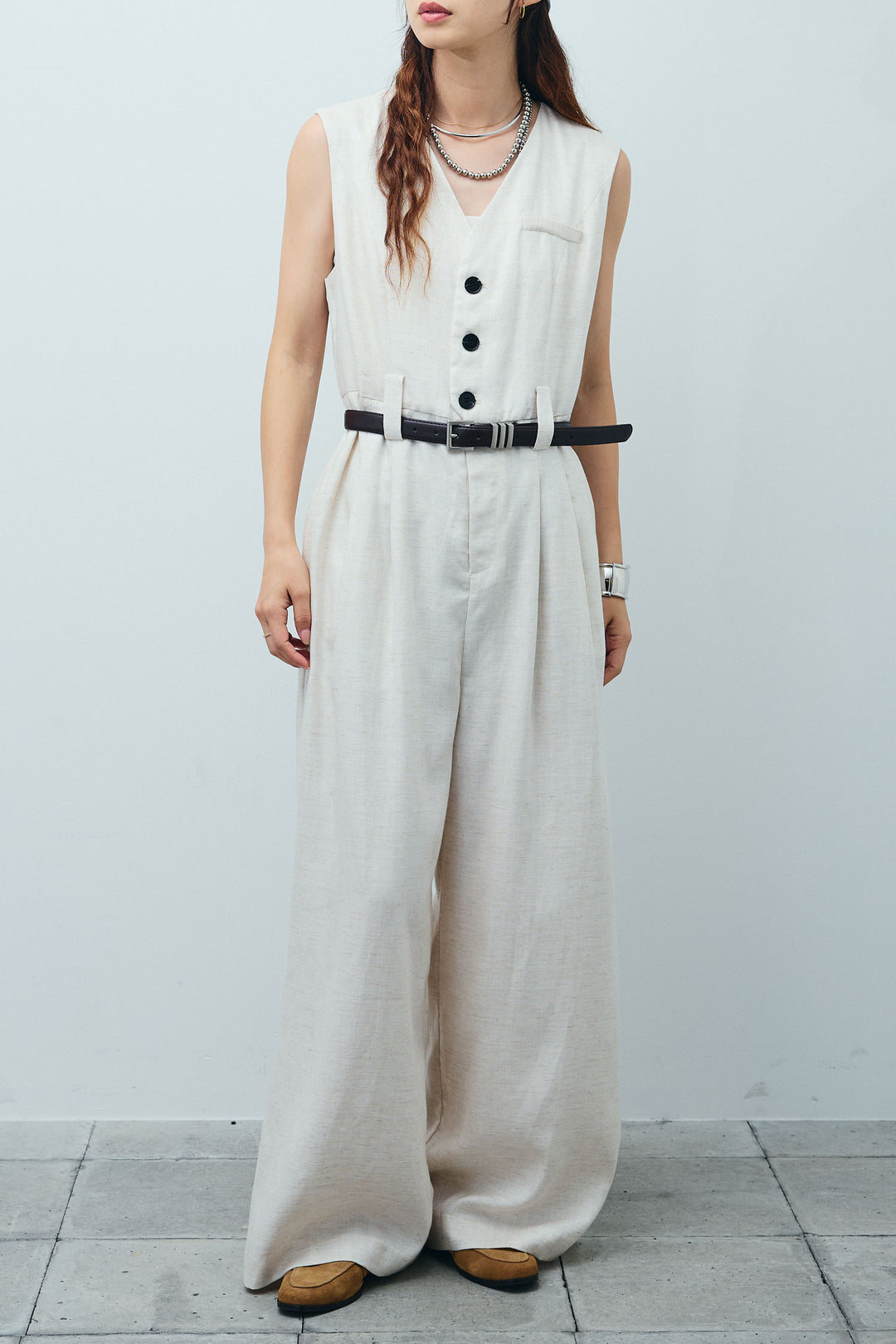 [予約]リネン混ベルト付きVネックオールインワン