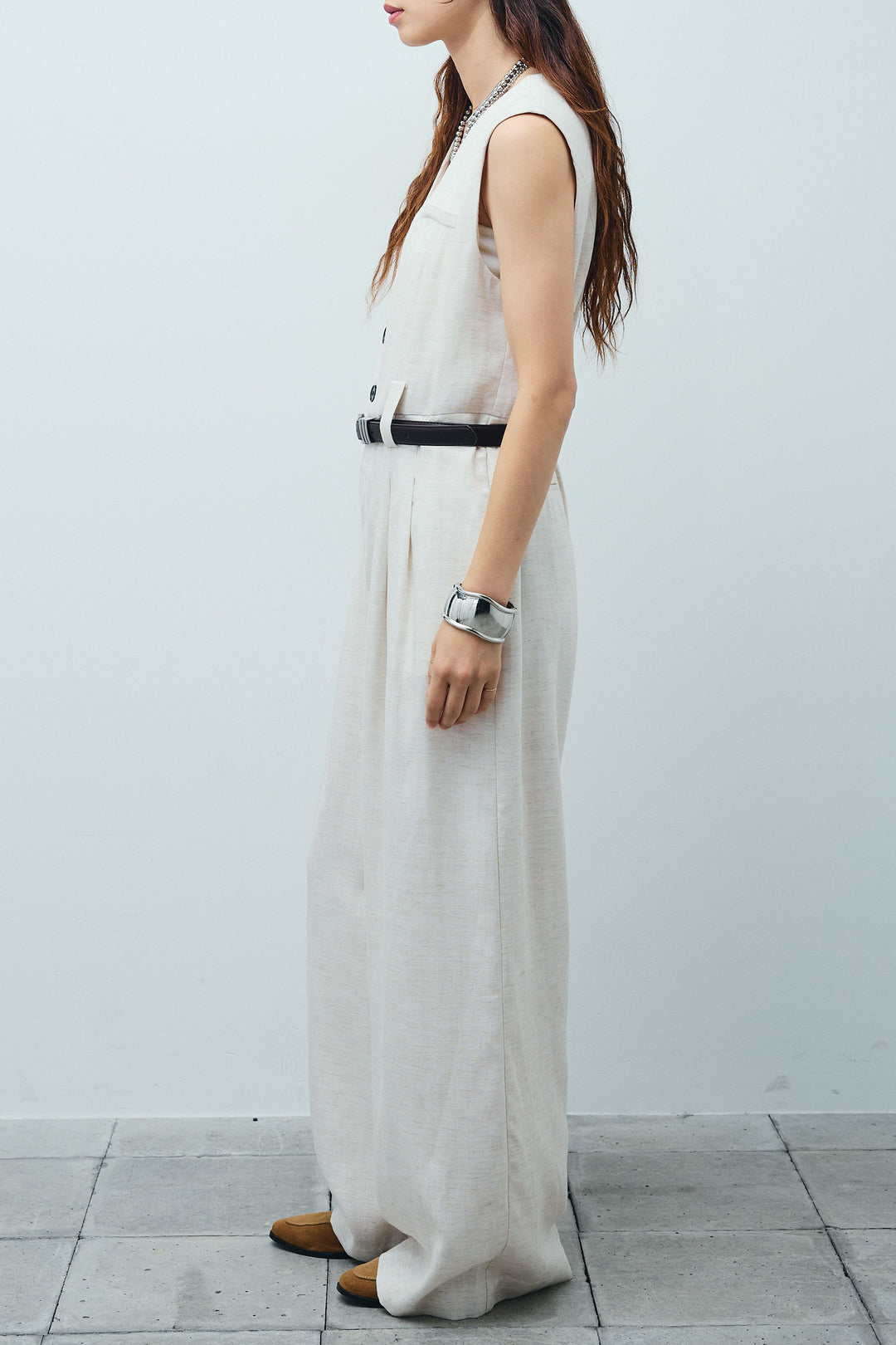 [予約]リネン混ベルト付きVネックオールインワン