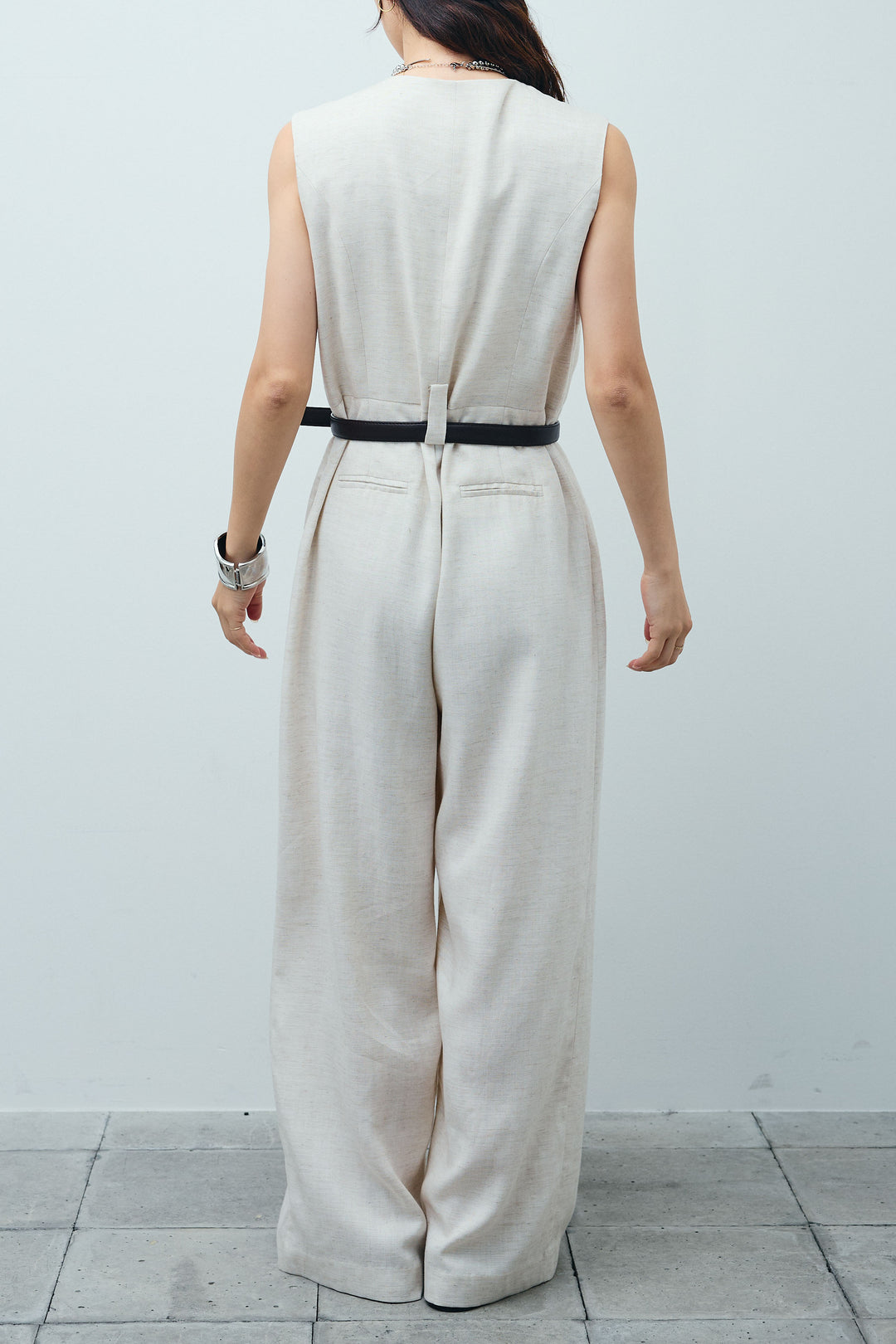 [予約]リネン混ベルト付きVネックオールインワン