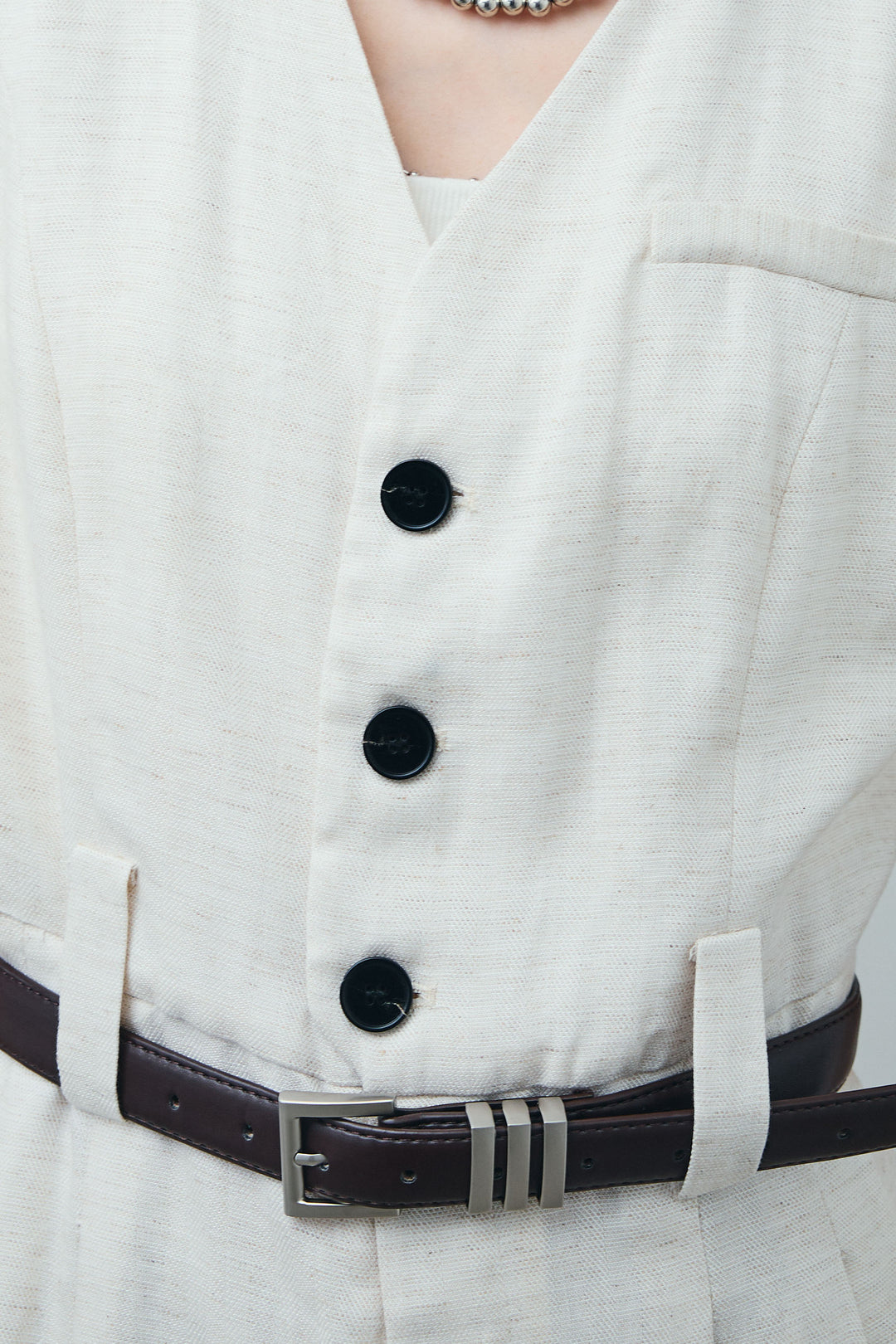 [予約]リネン混ベルト付きVネックオールインワン