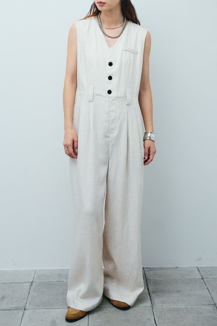 [予約]リネン混ベルト付きVネックオールインワン