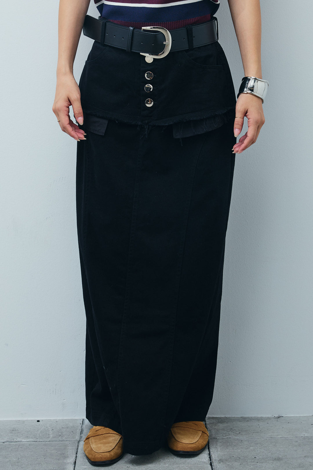 [予約/SET]マルチストライプノースリーブポロ+レイヤードデザインワイドスカート(2set)