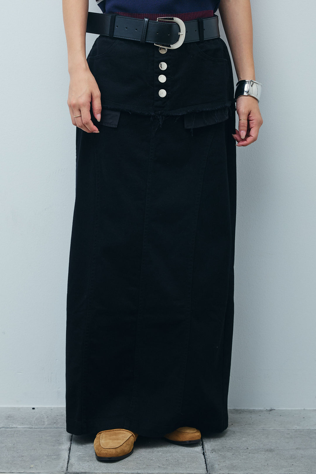 [予約/SET]マルチストライプノースリーブポロ+レイヤードデザインワイドスカート(2set)