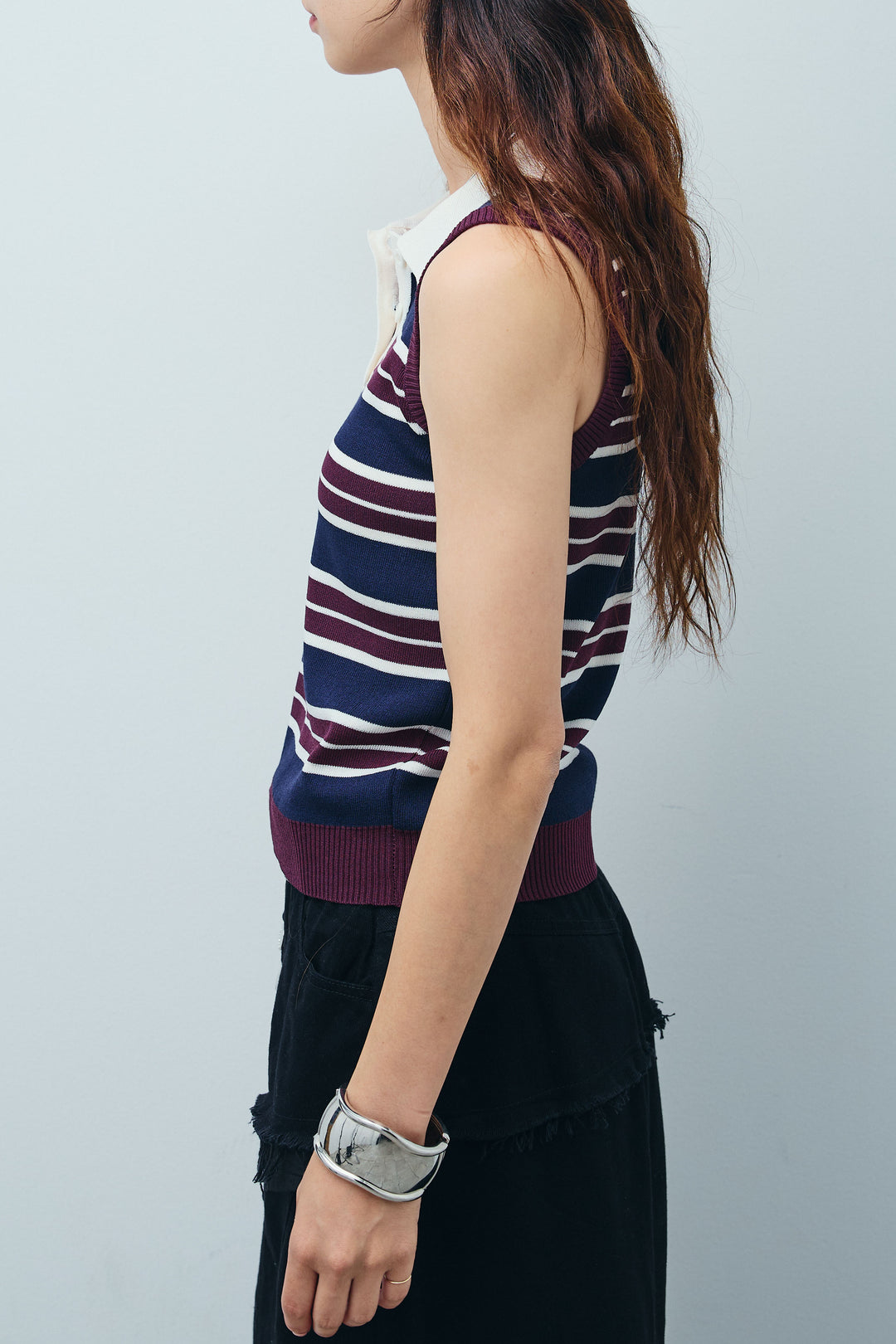 [予約/SET]マルチストライプノースリーブポロ+レイヤードデザインワイドスカート(2set)