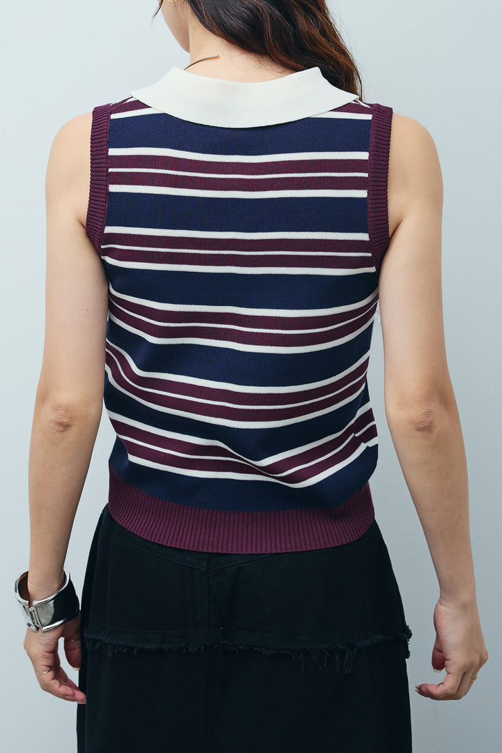 [予約/SET]マルチストライプノースリーブポロ+レイヤードデザインワイドスカート(2set)