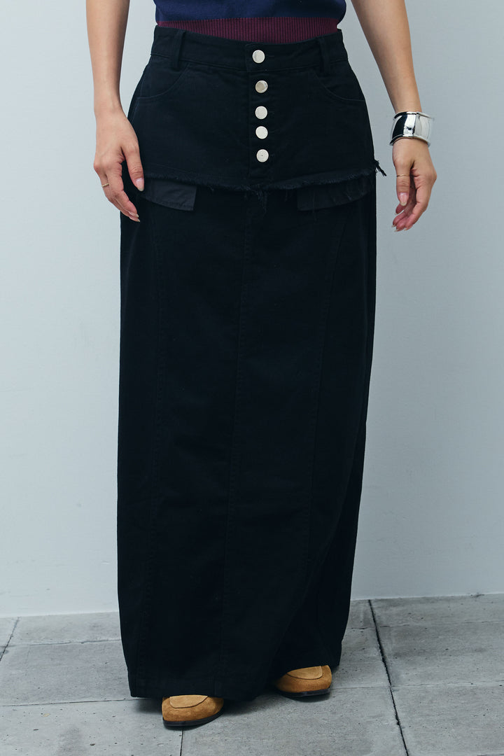 [予約/SET]マルチストライプノースリーブポロ+レイヤードデザインワイドスカート(2set)