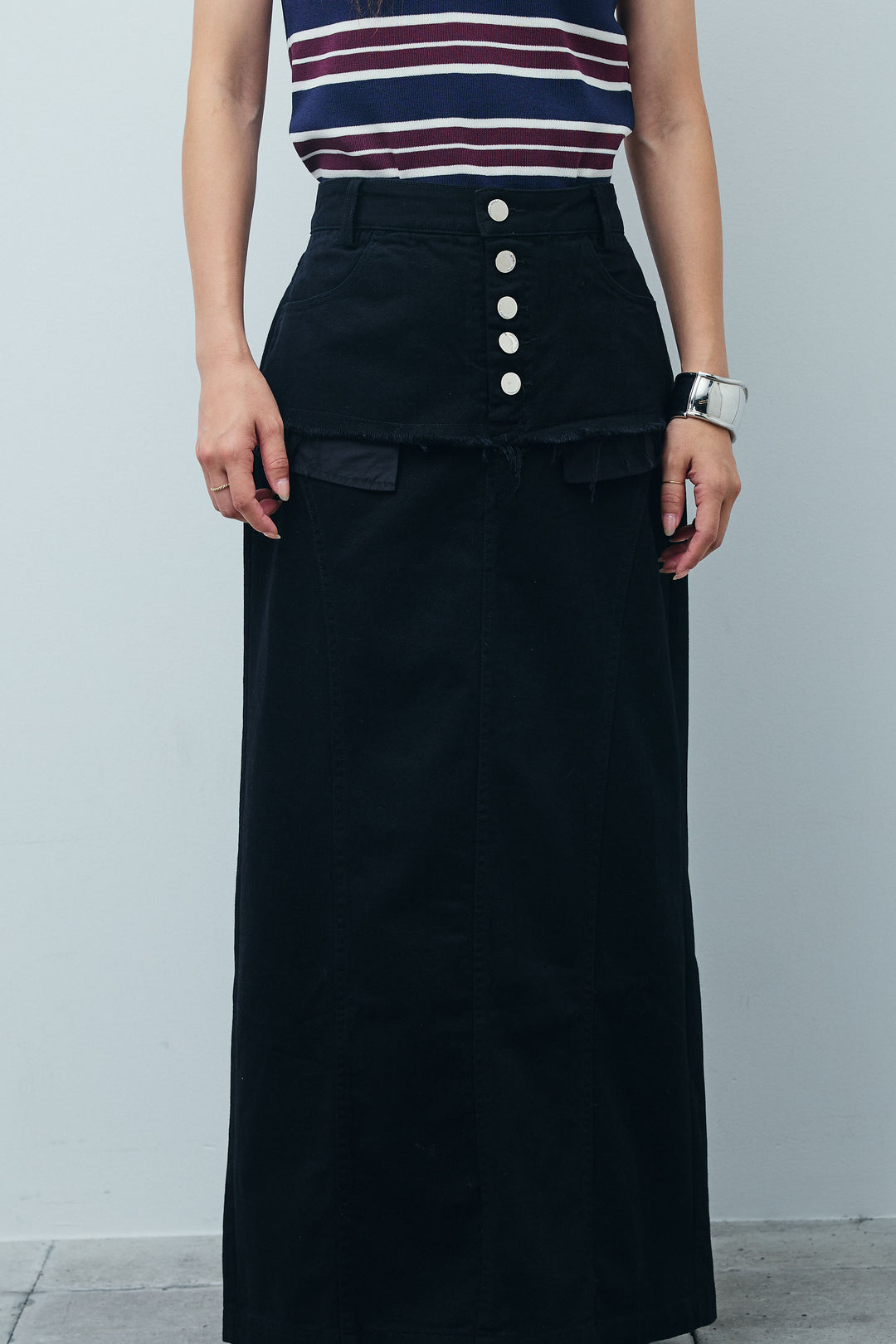 [予約/SET]マルチストライプノースリーブポロ+レイヤードデザインワイドスカート(2set)