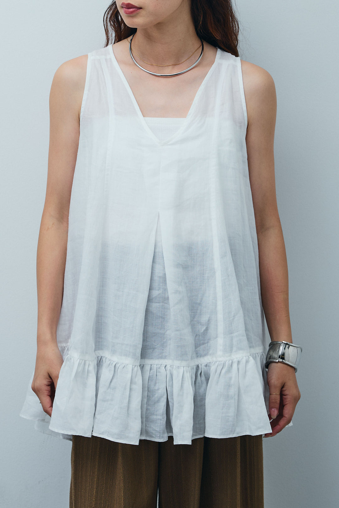 [予約/SET]リネン100%バックレースアップブラウス+ニュアンスラインワイドパンツ(2set)