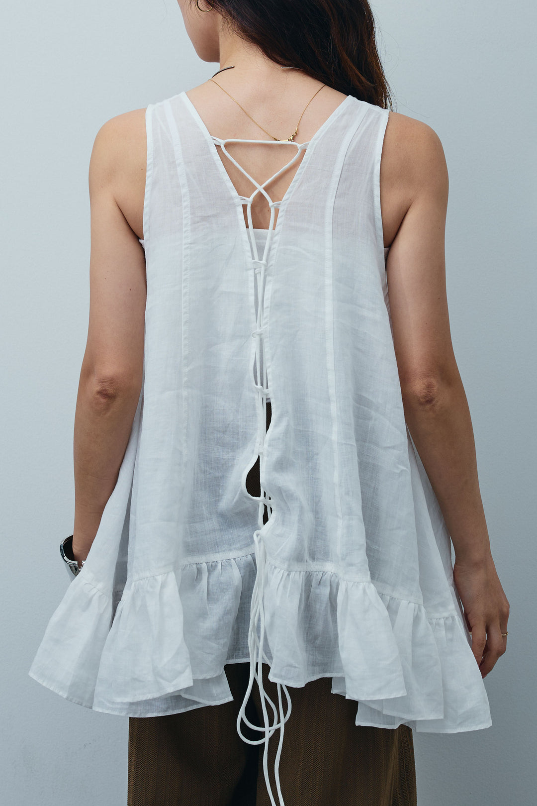 [予約/SET]リネン100%バックレースアップブラウス+ニュアンスラインワイドパンツ(2set)