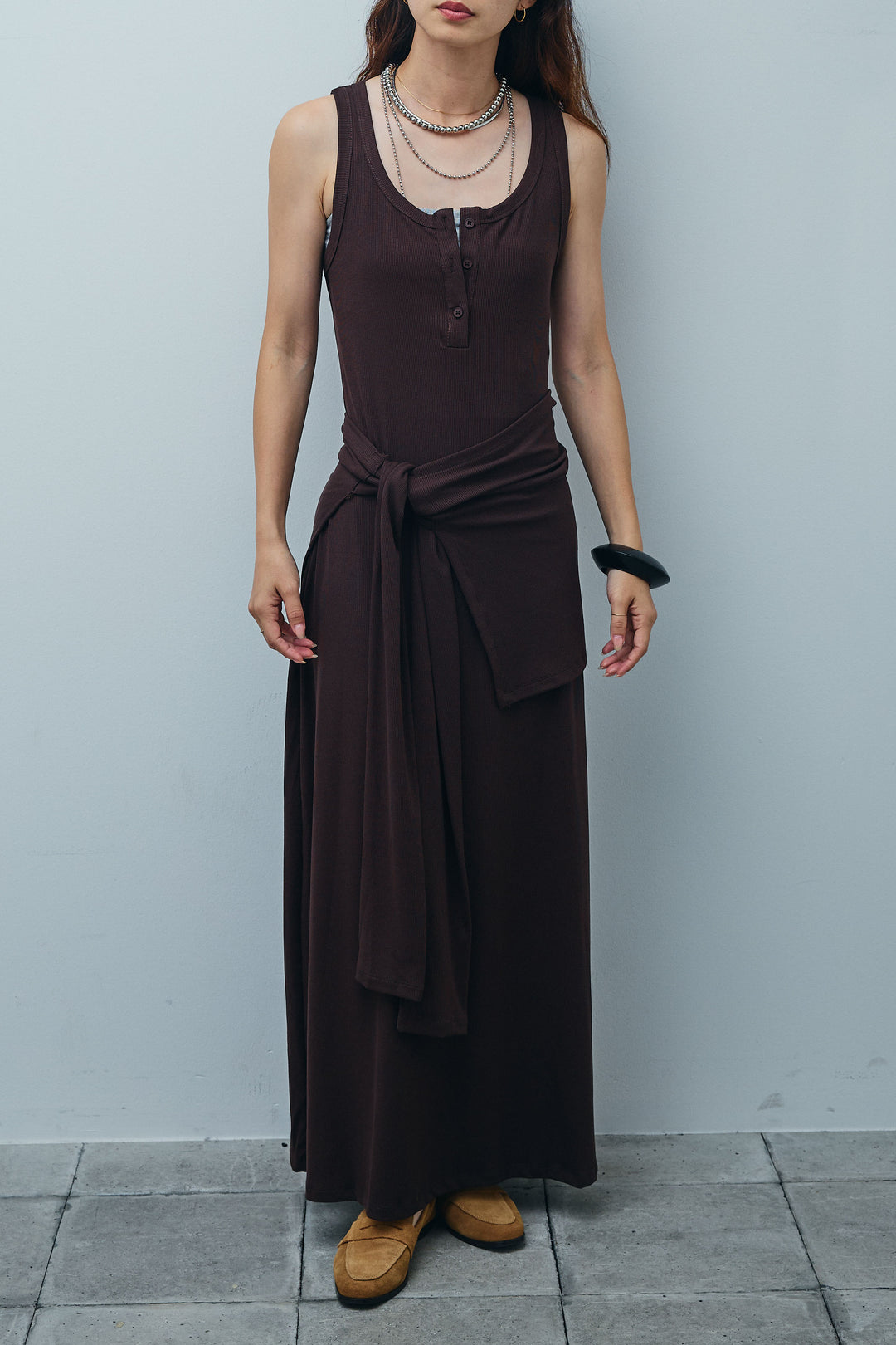 [予約/SET]ハーフスリーブシアーJK+ラップレイヤードリブロングワンピース(2set)